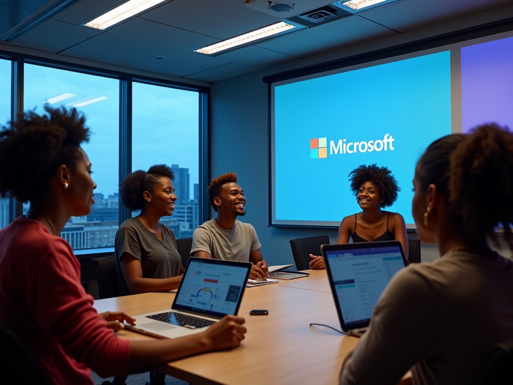 Microsoft partnership training session with diverse youth learning technology